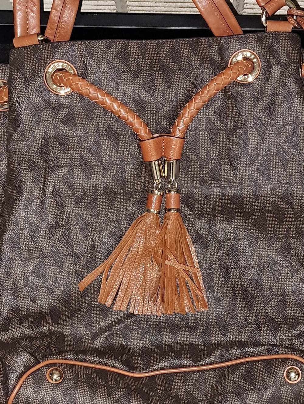 Michael Kors Brown Logo Drawstring Tote with Tassels